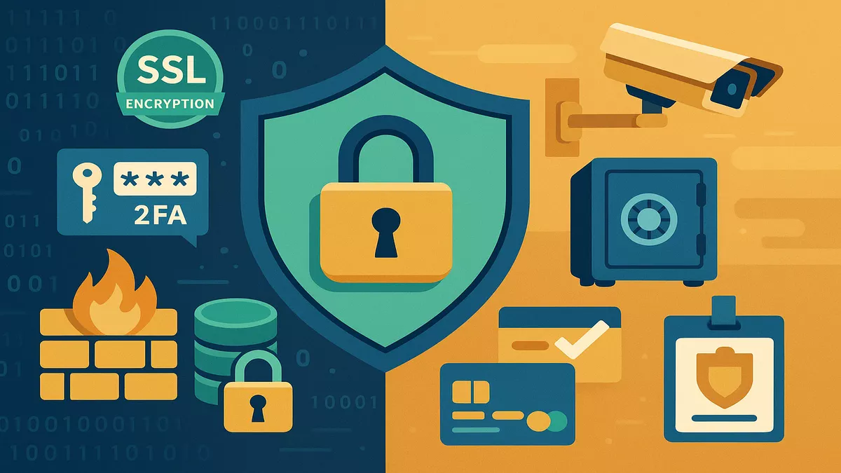Security illustration showing digital encryption, two-factor authentication, secure payments, and physical safety measures for betting protection