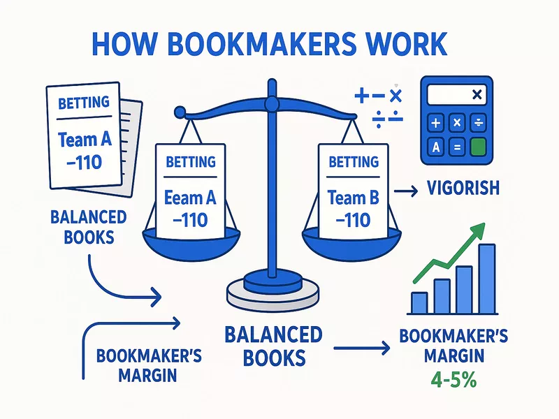 Infographic showing how bookmakers balance betting markets with mathematical calculations, vigorish percentages, and profit margins
