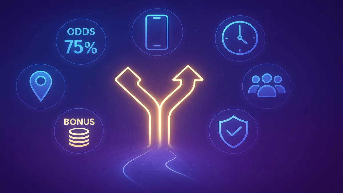 Decision-making illustration with multiple factors for choosing between online and offline betting including odds, convenience, bonuses, and security
