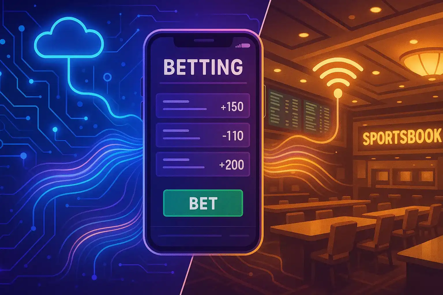 Conceptual illustration showing seamless integration between mobile betting apps and physical casino sportsbooks with digital connectivity