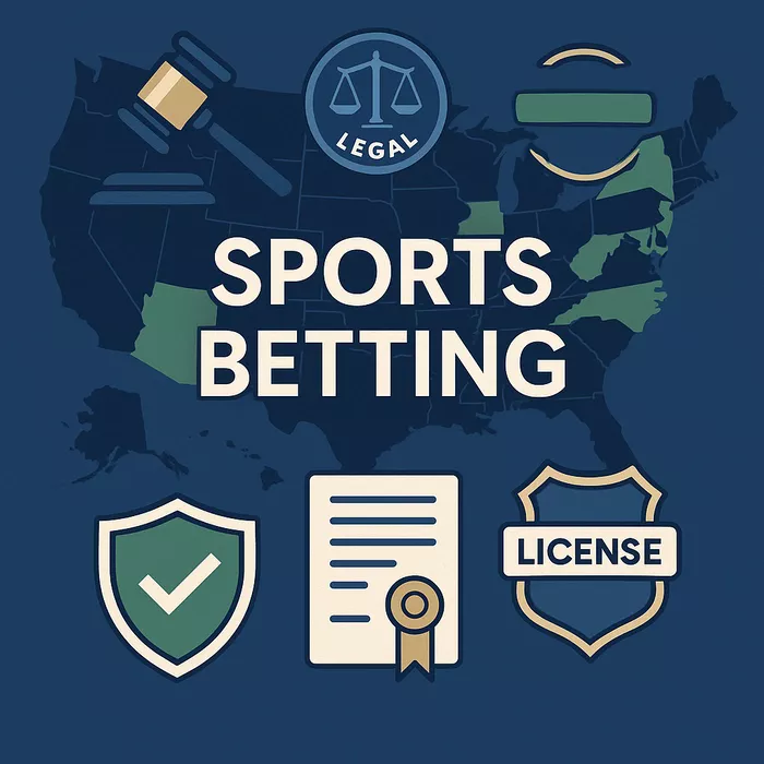 Professional illustration showing US legal sports betting framework with map, license badge, gavel, and regulatory symbols representing consumer protection
