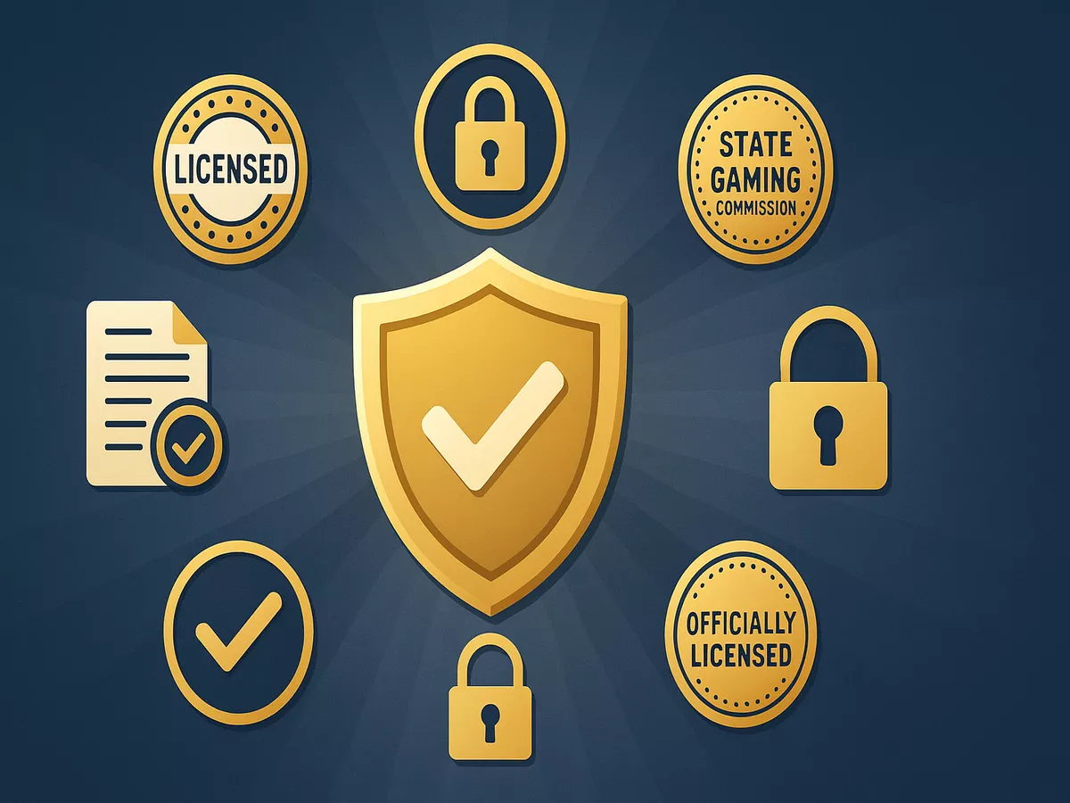 Licensed sportsbook verification and security shield with gaming commission badges