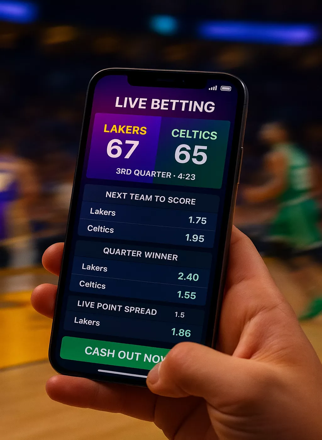 Smartphone displaying live betting app during NBA game with real-time odds, live score and cash out button for in-play betting