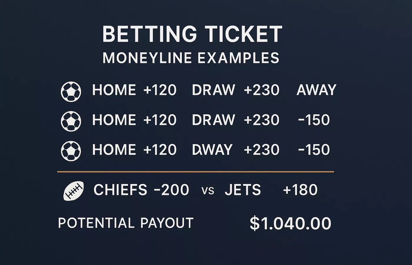 Betting slip showing moneyline odds examples for soccer 1X2 betting and NFL American format with stake and payout calculations