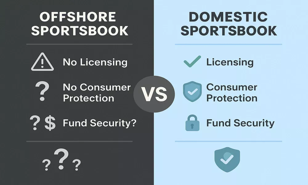 Split-screen comparison showing risks of offshore vs protections of domestic sportsbooks