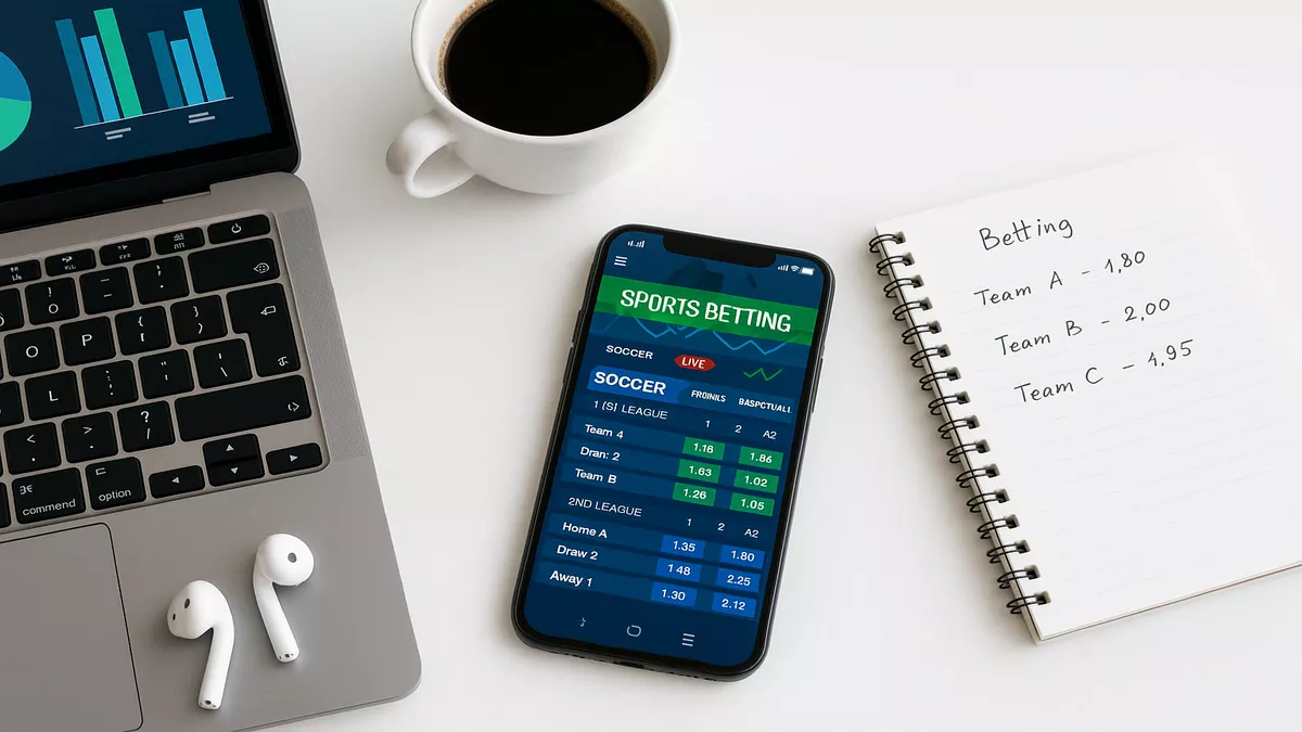 Modern workspace showing mobile sports betting app with live odds, statistics, and betting interface on smartphone