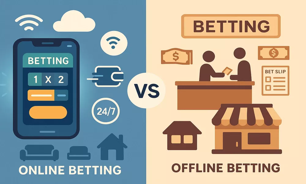 Split comparison showing online betting through smartphone app versus traditional offline betting shop with key features of each method