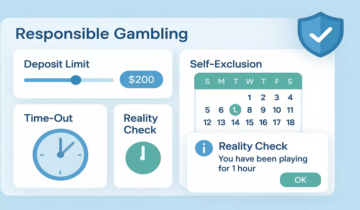 Dashboard showing responsible gambling tools including deposit limits, self-exclusion, and time-outs