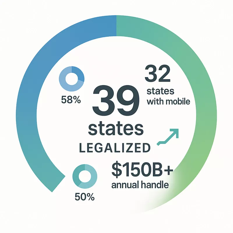 Infographic showing 39 states legalized, 32 with mobile betting, $150B+ annual handle