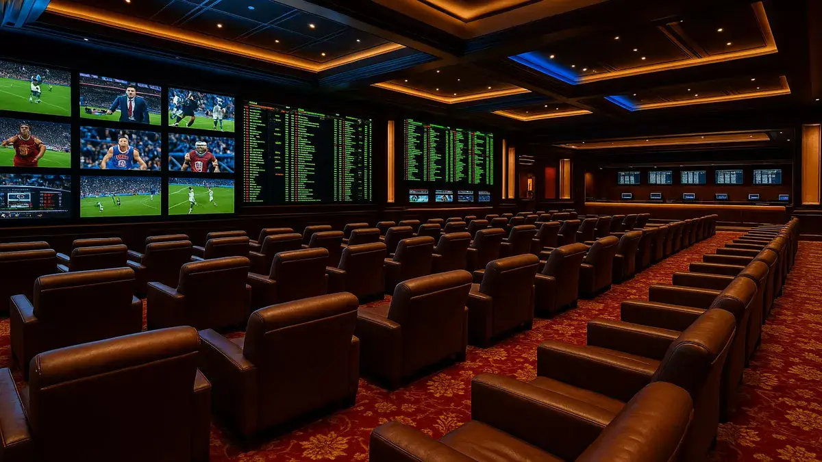 Luxury casino sportsbook interior with large LED screens showing sports odds, comfortable leather seating, and modern betting counter